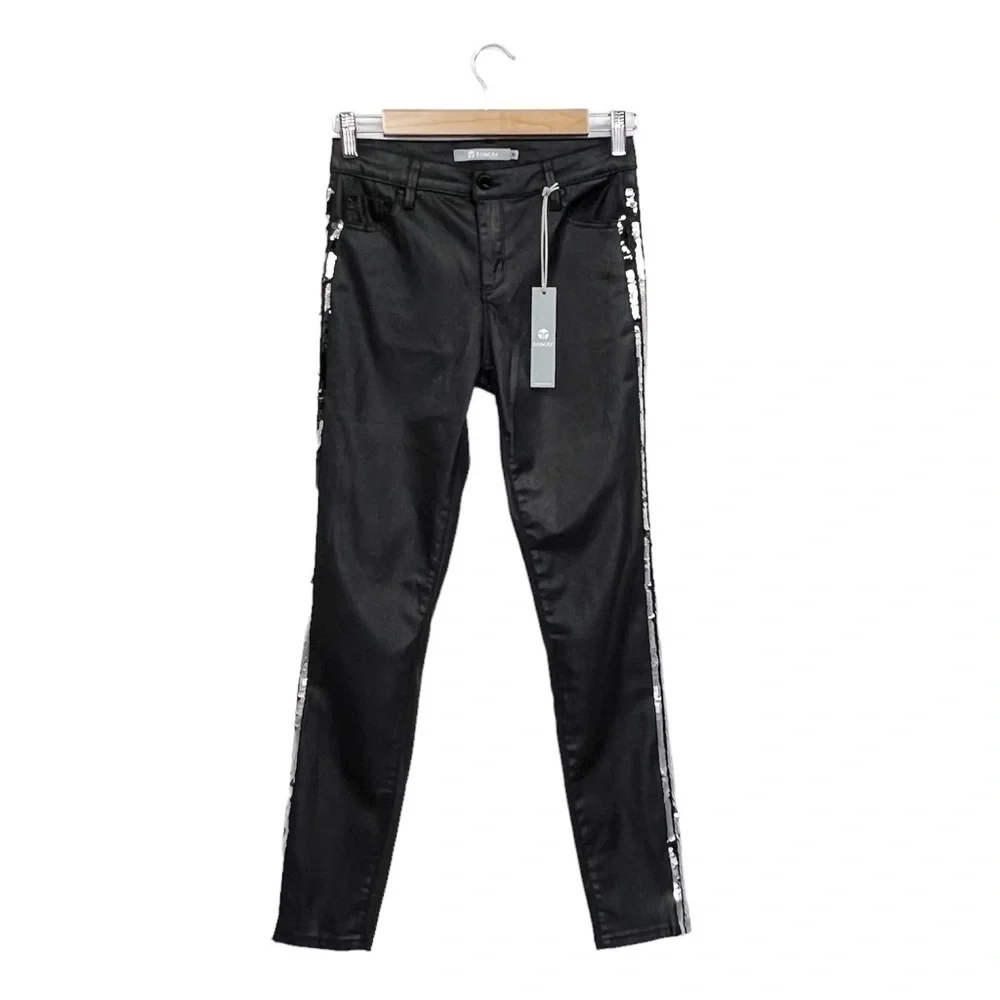 Tractr Skinny Jeans Girl’s Size 16 Black Silver Sequins Waxed Tuxedo New NWT